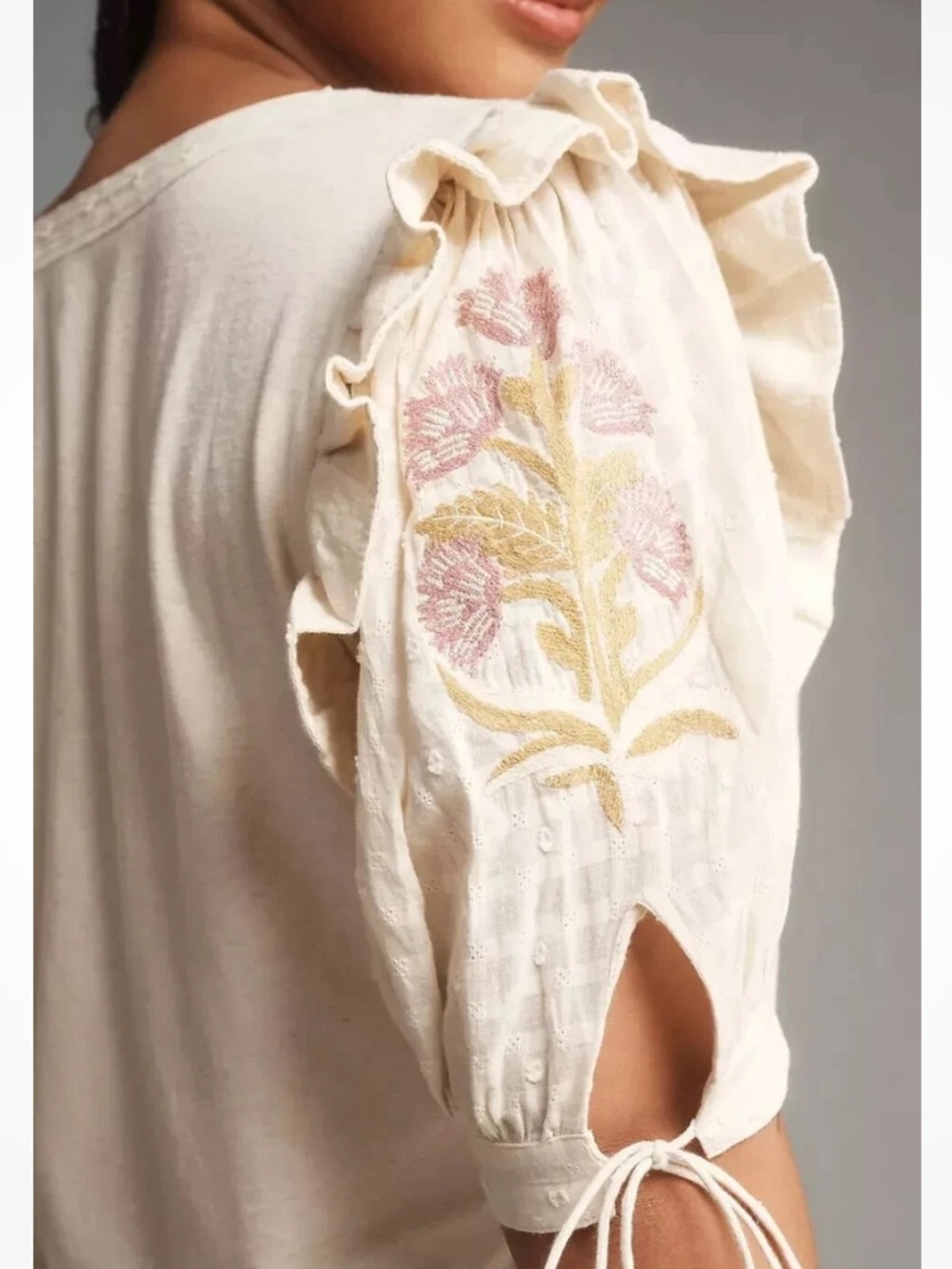 Anthropologie Cream Ruffle Sleeve Top - Picture 3 of 9